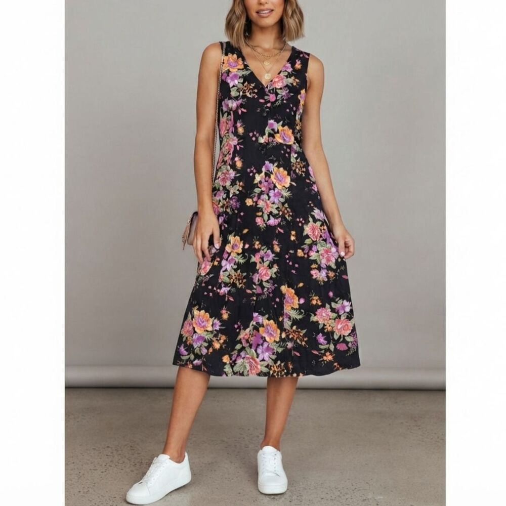 Hayley Michaels Vintage Floral Whimsigoth Dress M 90's Black Magenta Button Boho